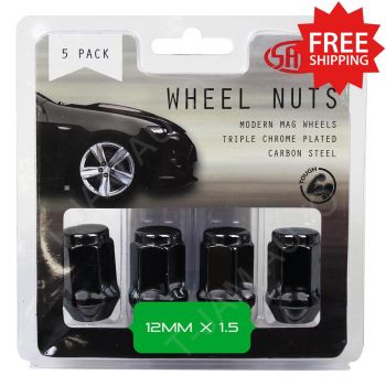 SAAS Wheel Nuts Flat Head Bulge 12 x 1.5mm Black 35mm 1 x 5Pk (5 Nuts)
