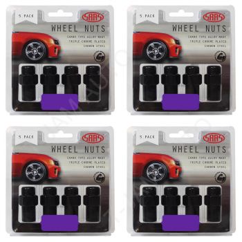 SAAS Wheel Nuts Mag 12 x 1.25mm Black 43mm 4 x 5Pk (20 Nuts)