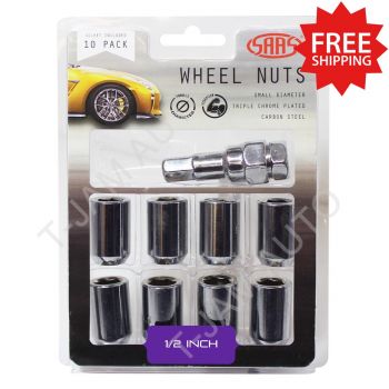 SAAS Wheel Lock Nuts Conical Acorn Hex Pin Lock Set of 10 X 1/2 inch Chrome