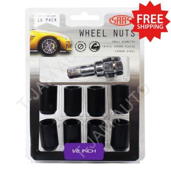 SAAS Wheel Lock Nuts Conical Acorn Hex Pin Lock Set of 10 X 1/2 inch Black