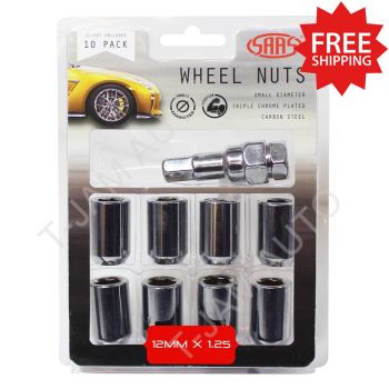 SAAS Wheel Lock Nuts Conical Acorn Hex Pin Lock Set of 10 X 12mm X 1.25mm Chrome