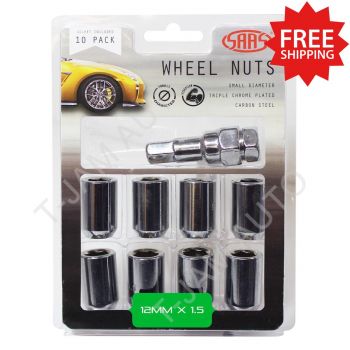 SAAS Wheel Lock Nuts Conical Acorn Hex Pin Lock Set of 10 X 12mm X 1.5mm Chrome
