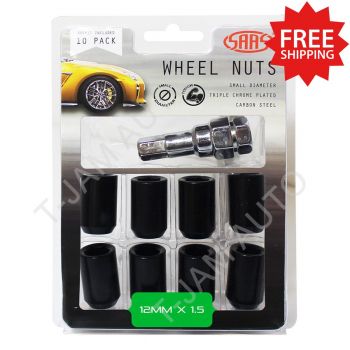 SAAS Wheel Lock Nuts Conical Acorn Hex Pin Lock Set of 10 X 12mm X 1.5mm Black
