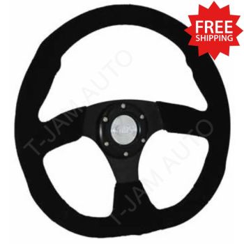 SAAS Black Suede Steering Wheel Flat Bottom 350mm