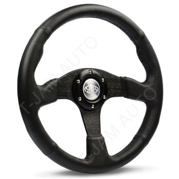 SAAS Black Leather Steering Wheel Round Bottom 350mm
