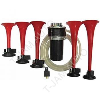 Musical Air Horn 12V Compressor 5 x Horns - La Cucaracha Tone - Red