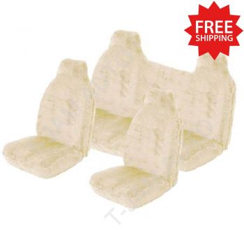 Car Seat Covers Set Universal White Sheepskin Look Front Bucket & Rear Bench