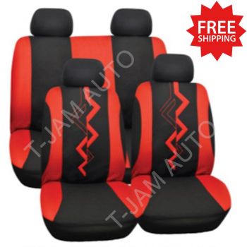 Car Seat Covers Set Universal Red Retro Front Bucket Rear Bench Washable