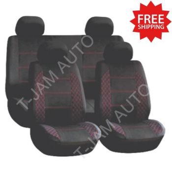 Car Seat Covers Set Universal Black/Red 3017 Front Bucket Rear Bench Washable
