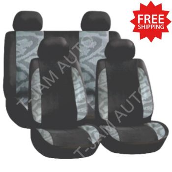Car Seat Covers Set Universal Black/Grey 3093 Front Bucket Rear Bench Washable