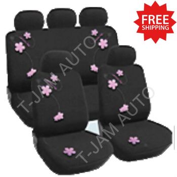 Car Seat Covers Set Universal Black/Pink Flower Front Bucket Rear Bench Washable