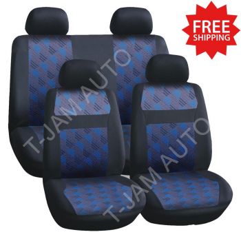 Car Seat Covers Set Universal Black/Blue 4006 Front Bucket Rear Bench Washable