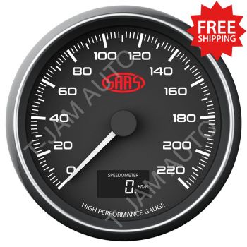 SAAS Speedometer 0-220 kph Shift lite 3 1/2 89mm In Dash Black Muscle Series