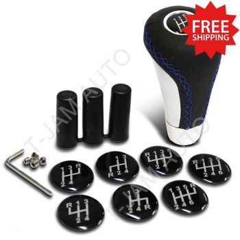 Leather Gear Knob Black With Blue Stitching & 8 Shift Patterns Insert
