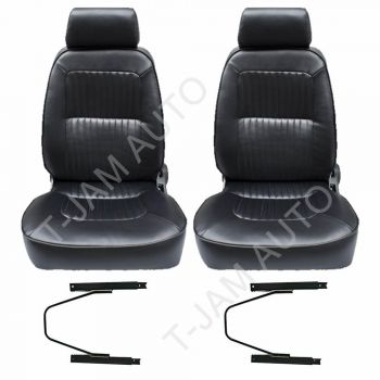 Autotecnica Deluxe Classic Pair 2 x Black W/ Seat Rails Leather Car Bucket Seats