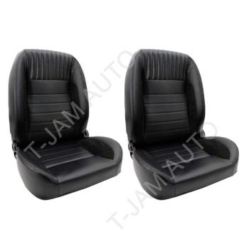 Retro Style Low Back Bucket Seats Quick Tilt Lever Black PU Leather Pair