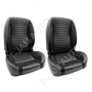 Classic Retro Style Low Back Bucket Seats Tilt Lever Black Grey PU Leather Pair