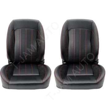 Classic Retro Style Low Back Bucket Seats Tilt Lever Black / Red PU Leather Pair