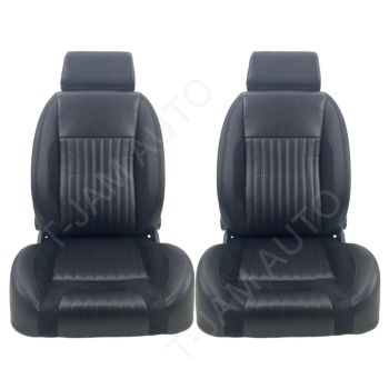 Retro Style Low Back Bucket Seats with Head Rest Black PU Leather Pair