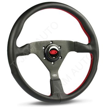 SAAS Sports Steering Wheel Leatherette 14 350mm Black Spoke Red Euro Stitch