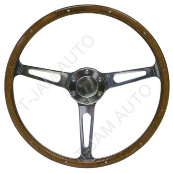 SAAS Wood Grain Classic Steering Wheel Polished w/ Slots Holes 380mm