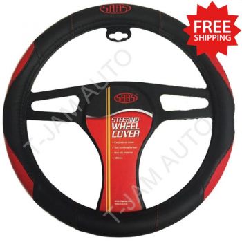 SAAS Steering Wheel Cover 380mm - Black / Red poly with SAAS logo