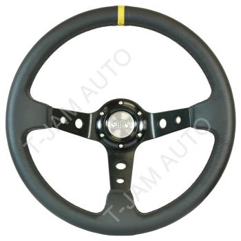 SAAS Black Leather GT Steering Wheel 350mm Deep Dish w/Yellow Strip